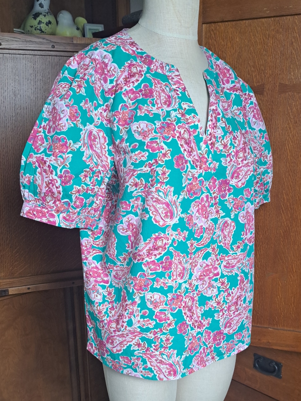 NWT J.Crew Factory Paisley Poplin V-Neck Top Teal Pink Large